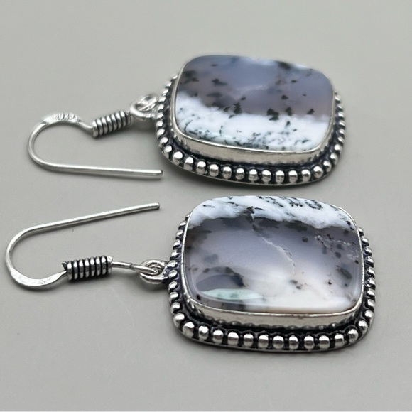 New Dendritic Opal Stone Crystal Silver Overlay Hook Earrings - Picture 2 of 5